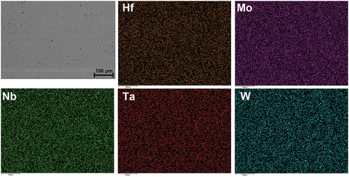 Figure 3. EDS mapping results of as-homogenized HfMoNbTaW alloy.