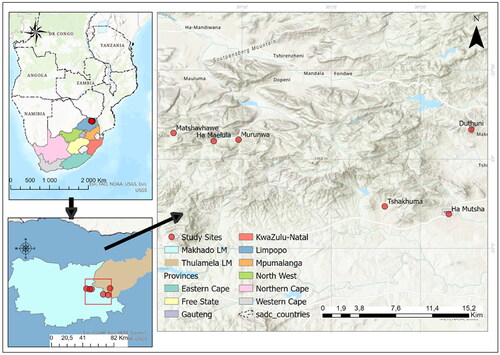 Figure 1. Location of the six study villages in Vhembe Biosphere Reserve, Limpopo Province of South Africa.
