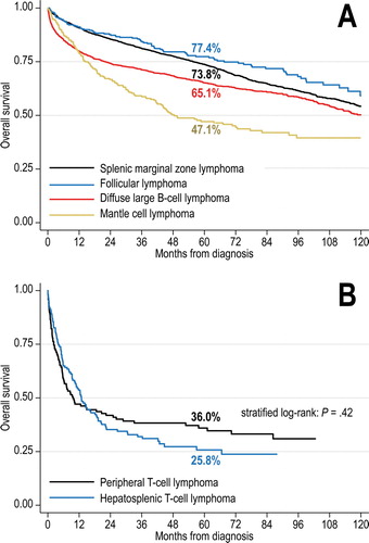 Figure 2. Kaplan-Meier curves for overall survival of patients with primary splenic B-cell (A) and T-cell (B) lymphomas in the NCDB, 2004-2013. Numbers indicate survival estimates at 5 years; the comparison in panel B was conducted using a log-rank test stratified by age, sex, stage, and comorbidity index.