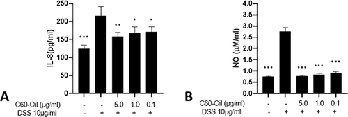 Figure 11 Effects of C60-Oil on IL-8 and NO secretion in HT-29 cells DSS-stimulated. Cells were treated with C60-Oil for 24 h before being stimulated for 24 h with DSS. (A) Levels of IL-8; (B) Levels of NO. Values are presented as the mean ± standard deviation of the estimated number of cells. *p<0.05; **p<0.01; ***p<0.001 compared to the group stimulated with DSS and not treated with C60-Oil.