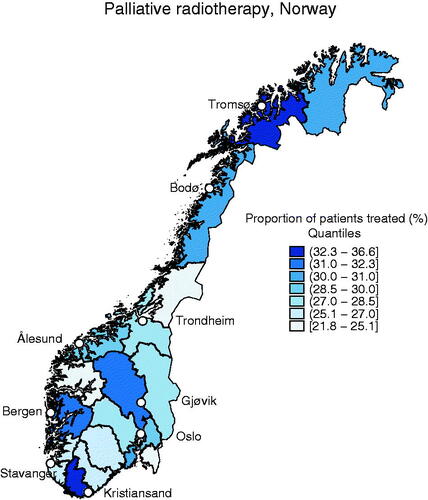 Figure 1. Inter-county variation in the proportion of patients who had palliative radiotherapy in the last two years of life (PRT2Y), among patients who died of cancer in Norway, 1 July 2009–31 December 2011. PRT2Y rates are standardized to the age- and cancer site-distribution of the total study population. White dots represent cities with radiotherapy centers.