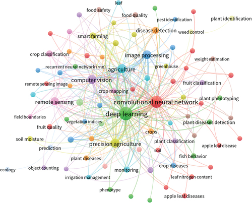 Figure 2. Keyword co-occurrence map based on the results of the query [convolutional neural networks] and [agriculture] on the Web of Science.