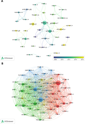 Figure 4 (A) Time superposition diagram of author’s cooperative network. (B) Author co-citation network knowledge graph.