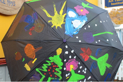 Figure 3. Students painting umbrellas as symbolic of protection from COVID-19 and keeping safe distance at Kutenai Art Therapy Institute, 2020.
