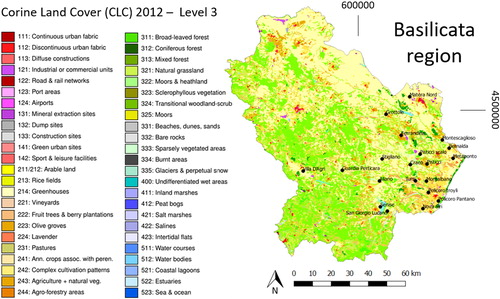 Figure 2. CORINE Land Cover (CLC2012) map of the Basilicata region (projected to UTM zone 33N at reference datum WGS84) downloaded from the Italian National Institute for Environmental Protection and Research (ISPRA) (Source: http://www.sinanet.isprambiente.it/it/sia-ispra/download-mais/). The strong fragmentation of the study area clearly appears from the map.