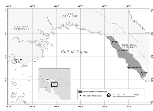 Figure 1. Map of Papua New Guinea showing the area (shaded) where Santalum macgregorii grows naturally as well as the locations of trial plots for this study