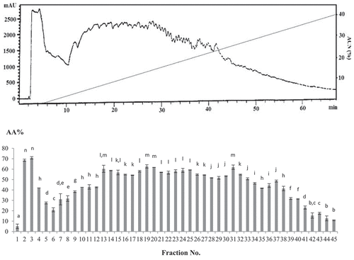 Figure 3. RP-HPLC fractions chromatogram vs. DPPH• radical scavenging assay. The subscriptions a-n indicated the significant differences at P ≤ 0.05, (mean ± SD, n = 3).