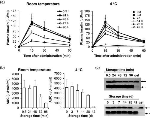 Figure 4. Biological evaluation of 3-3 formulation’s stability at two temperatures. (a, b) After incubation of indicated time at room temperature or 4 °C, insulin + PTD in 3–3 formulations was intranasally administered into normal rats. Dose of insulin administered was 1 IU/kg. (a) Blood was collected after various period time of administration, then plasma insulin level was measured by ELISA. (b) Areas under the curves were calculated for each group of rats. (c) Soluble insulin + PTD in 3–3 formulations was analyzed by Tricine-SDS PAGE under non-reducing conditions. Solid line arrow, insulin; Dashed line arrow, PTD. Data are presented as mean ± s.d.