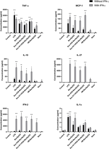 Figure 3 Production of selected cytokines by RAW 264.7 cells exposed to various forms of bacteriocin BacSp222. The cells were incubated in the control medium and in the medium supplemented with LPS, BacSp222, suc-K20-BacSp222, suc-K11/K20- BacSp222, -fM-BacSp222, or nisin for 24 h. After 24 h, the media were collected and subjected to flow cytometry analyses using a LEGEND/Plex Mouse Inflammation Panel kit to determine cytokine concentrations. The bars represent the mean ± SEM (n=8). ***p<0.001 vs control, **p<0.01 vs control, *p<0.05 vs control.