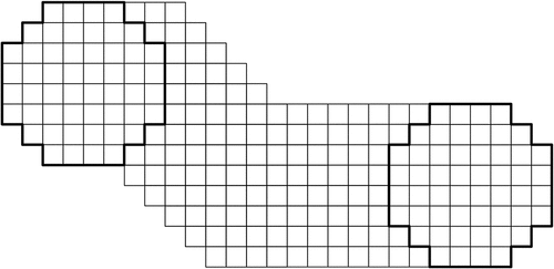 Figure 2. Example of a corridor defined as a sequence of adjacent neighborhoods between two neighborhoods (enclosed by bold lines). All neighborhoods in this example have the same (8,2)-form.