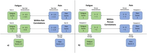 Figure 1. (a & b). A visual illustration of the co-twin and within-person procedures. The demonstrated procedures are simplified for ease of comprehension, and we refer to the Supplemental data for a review of the specific centering techniques applied in our study. Figure 1(a) demonstrates how within-pair correlations are calculated, by subtracting the twin pair average phenotype scores from the score of each twin. The resulting centered score provides a measure of each twin's distance from the twin pair average, which is then free from genetic influences. Likewise, Figure 1(b) demonstrates the application of the same procedure to two measurement timepoints within one individual. The within-person correlations are calculated by subtracting the person average phenotype scores from the phenotype scores at each timepoint. The resulting person centered scores provides a measure of each timepoint's distance from the person average, which is then free from influences from the stable non-shared environment.