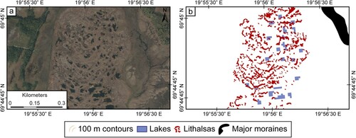 Figure 12. An area of lithalsas at low level and distal to the valley moraine system: (a) image from norgeibilder.no (24/08/2016), (b) subset of resulting map (presented at 1:4,000 scale). The lithalsas are neatly constrained to the wetland area formed from a light-coloured sediment like that of glaciofluvial sediments seen elsewhere in the region. Note however, that most of the closely situated lakes in this wetland are too small to be mapped from satellite imagery and hence are not shown on this map. Approximate image location: 69°44′43.95″N, 19°55′53.87 ″E.
