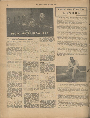 Figure 1. Photograph of the header of Drum’s regular column ‘Negro Notes from U.S.A.’. (‘Negro Notes from U.S.A.’, Drum, Johannesburg, October 1951, p. 10. Copyright © Baileys African History Archive / Africa Media Online / african.pictures.)
