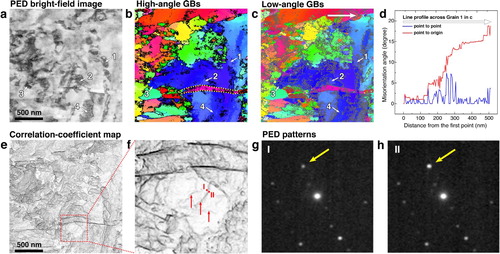 Figure 3. PED characterization of the microstructure in the center of shear band. (a) PED bright-field image. (b) HAGB (black) and (c) LAGB (gray) on top of the orientation map of the region of interest. The yellow dotted lines highlight a contraction twin. The numbered grains (1–4) in (a)–(c) are example of subgrains that are fully or partially bounded by LAGBs. (d) The misorientation line profile corresponds to the arrow in (c). (e) The correlative coefficient map of (a). (f) Zoomed-in view of the highlighted box in (d). The arrows indicate the presence of dislocations. (g) and (h) The PED patterns correspond to the labeled spots I and II in (e).