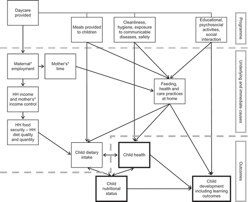 Figure 1. Mechanisms by which daycare programmes might affect child nutritional status, health and development.