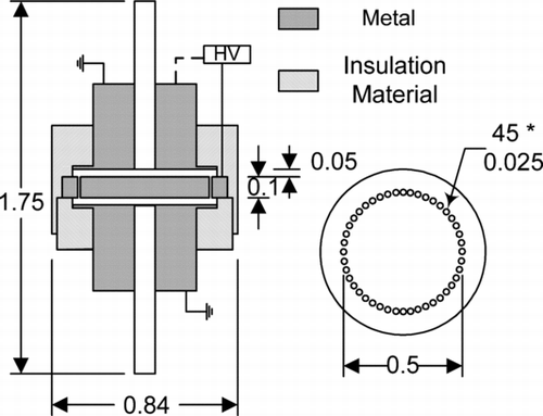 FIG. 1 Schematic diagram of prototype mini-disk aerosol precipitator (units in inches).