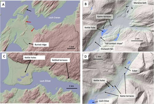 Figure 15. (A) Terminal zone of the Creran Glacier, with arrows indicating the outer (black) and inner (red) moraine ridges. (B) Glacial landforms in Glen Creran, showing evidence of ice stagnation followed by readvance. (C) Terminal zone of the Etive Glacier, showing kettled outwash and kame terraces. (D) Landforms indicating ice stagnation in Glen Etive. For locations, see Figure 13. Base maps: © Crown copyright and database rights 2021 Ordnance Survey (100025252).