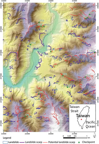 Figure 1. Topography and location of the study area including landslides, landslide scarps, potential landslide scarps hidden in the forest and landslide scarp checkpoints (blue-green square: highlighted area).