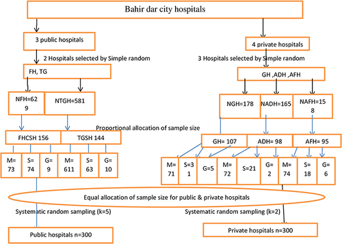 Figure 1 Sampling procedure for patients’ perception of patient-centered care among patients admitted in Bahir Dar city public and private hospitals, 2022.