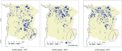 Figure 9. (a–c) Disappearance of permanent waterbodies in BSWC between 1991, 2003 and 2015.