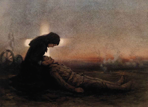 FIGURE 6 A young soldier lies dying in a woman's arms on a deserted battlefield. Colour halftone, c. 1915, after Dudley Tennant. 32.7 x 45.3 cm. Published by S.H. & Co. Ltd, London and Manchester. Wellcome Library, London.