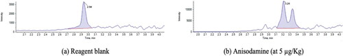 Figure 6. Chromatogram of (a) reagent blank with peak at 2.94 min, also present in the (b) chromatogram.