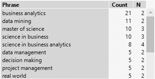 Figure 8. Master’s in business analytics program description phrase analysis.
