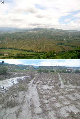 Figure 2. (a) Overview of the central sector of the Lower Calore River alluvial plain. Note the intense exploitation of the plain for agriculture and the proximity of cultivated land to the current active channel; (b) effects of the disastrous flood of 15 October 2015.