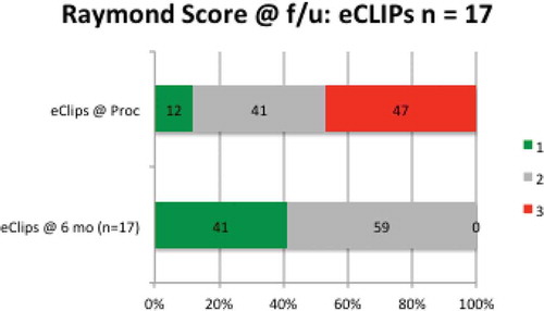 Figure 5. Percentage of patients allocated to Raymond scores 1–3 at index procedure and at follow-up.