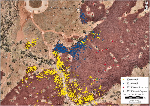 Figure 5. Nganjarli panels, stone features and the artefact sample squares. New boardwalk adjacent to 2019 panels is visible in aerial imagery as well the car park and footpaths.