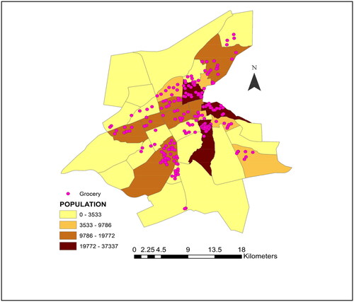 Figure 1. Spatial distribution of groceries in relation to population.