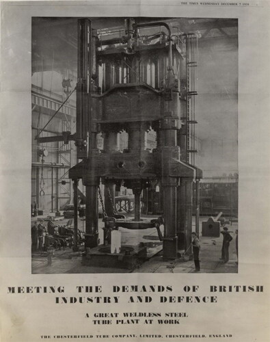 Figure 6. A giant four-column hydraulic press for piercing steel ‘billets’ prior to drawing into tubes. Designed by Loewy Engineering and supplied to Chesterfield Tube Company’s Heavy Tube Department to make items such as boiler plant for the Admiralty. (Advertisement 7 December 1938, Lehigh SC MS 0078.09.01, the photographer probably Mr. J. O. Cannam).