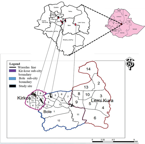 Figure 1. Location map of the study areas in Kir-kos and Bole Sub-cities. Source: from structural plan manual (revised version) May 2012, Addis Ababa.