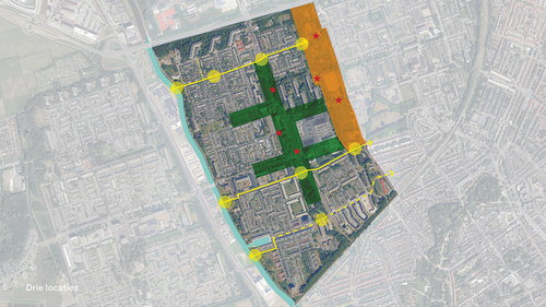 Figure 2. Core challenges in a spatial analysis of the Paddepoel neighbourhood: providing better East-West connections (yellow), reduction of car traffic and connecting fragmented green areas (green), and upgrading underused public spaces (brown); red stars indicate locations rated a highly promising for redesign by the urban designers.