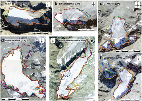 FIGURE 4. Overlays of outlines for six glaciers manually digitized by seven experts. Underlain are the SWISSIMAGE Level 2 orthophotos (25 cm resolution) from 2009 and 2010, which were used to delineate glacier boundaries. Locations of corresponding individual glaciers within the Swiss Alps are visible in Figure 1.
