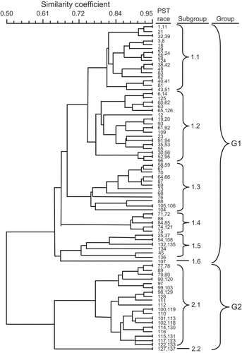 Fig. 5 Dendrogram of 115 races of Puccinia striiformis f. sp. tritici that were detected in the United States from 2000 to 2007 that have been arranged based on their virulence and avirulence to the set of 20 wheat differential genotypes, using the unweighted pair group arithmetic mean (UPGMA) program of NTSYS-pc (version 2.2.1; Rohlf, Citation1992).