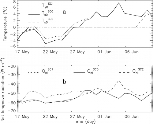 FIGURE 2. Comparisons of simulated (a) daily surface temperatures for SC0 (solid line), SC1 (dotted line), and SC2 (dashed line) and (b) net longwave radiation fluxes for SC0 (solid line), SC1 (dotted line), and SC2 (dashed line) from 17 May through 10 June 1998