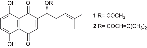 Figure 1.  Chemical structure of acetylshikonin (1), and β,β-dimethylacrylshikonin (2).