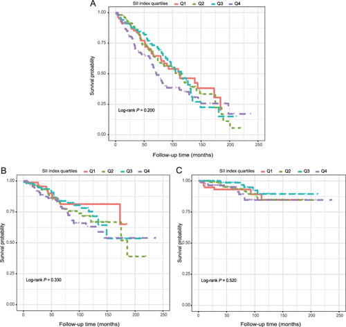 Figure 12 Kaplan-Meier survival curve for all-cause (A), CVD (B and C) cancer-related mortality in stroke patients.