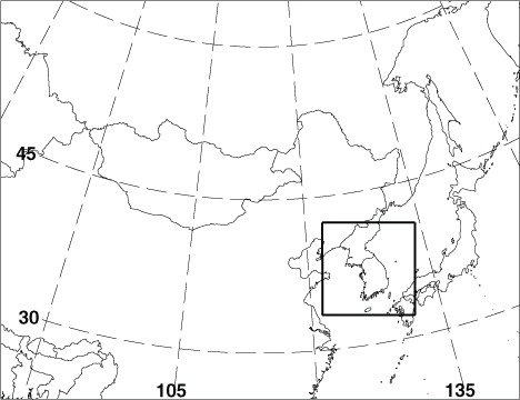 Fig. 2 The model domain for this study. The box over the Korean Peninsula denotes the area where a response function was defined.