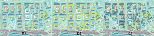 Figure 2. Building database creation steps: (a) SPOT 5 image from 2002, false composition; (b) derived buildings outlines; and (c) buildings’ footprints after artefact removal and edge smoothing.
