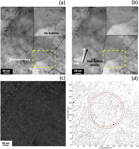 Figure 4. (a) Under-focused and (b) over-focused plan-view TEM micrographs of a He-implanted Cu/V bilayer, taken with defocusing of minus and plus 400 nm respectively. (c) An image generated by subtracting (b) from (a). The plot of the digitized He bubble positions obtained from (c) is given in (d). Bubble areas in (d) are exaggerated by a factor of five for clarity. The red circles illustrate regions that do not contain GBs decorated by He atoms. Bubbles drawn from these regions are used for the statistical analysis described in the text.