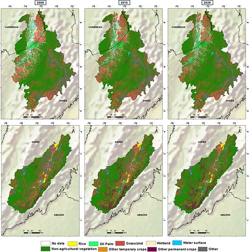 Figure 6. LULC maps for Hidrosogamoso (top) and El Quimbo (bottom) for 2009, 2015 and 2020.