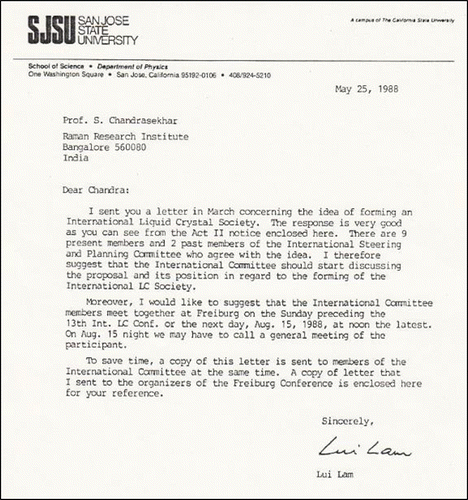 Figure 30. Letter from Lam to Chandra (May 25, 1988). In the 2nd paragraph, “13th” was a typo, which should be replaced by “12th”.