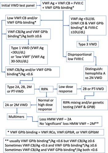 Figure 1 A simplified algorithm that describes the VWD diagnostic process using laboratory testing. This considers the differential utility of different VWF methods, as well as VWF multimers, and potentially genetic testing.