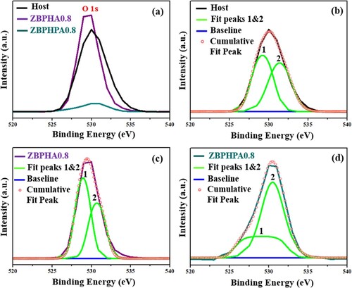 Figure 11. (a) The XPS O1s peak of the ZBPHA0.8 and ZBPHPA0.8 compared to the host sample. (b), (c) and (d) are the Lorentzian–Gaussian fits of the O1s peak for the host, ZBPHA0.8 and ZBPHPA0.8 glass-ceramics, respectively.