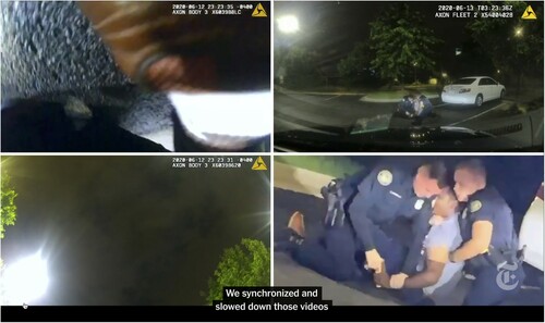 Figure 3. Screengrab 3: Two body cameras attached to the police officers (left-hand side), one dashboard camera and one witness video displayed simultaneously in a grid in the investigation The Killing of Rayshard Brooks: How a 41-Minute Police Encounter Suddenly Turned Fatal. © 2020 THE NEW YORK TIMES COMPANY.