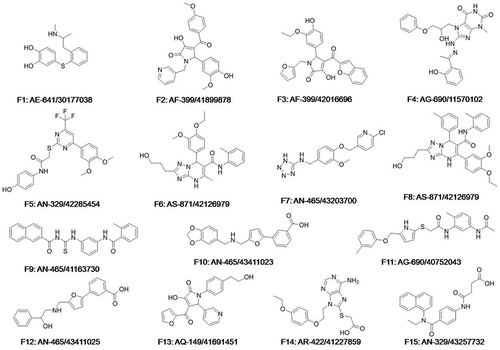 Figure 3 The chemical structures of 15 potential hits.