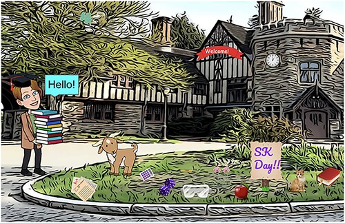 Figure 2. A portion of the interactive Google slide used during the Math Scavenger Hunt activity. The student activity leader used the Clip2Comic app [Citation5] to modify the background image and the Bitmoji app [Citation22] to generate the character holding the books. The environment contains a number of clickable items that link to math questions via Google forms.