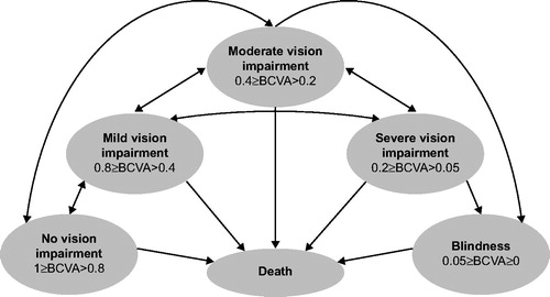 Figure 1. Model schema. Visual acuity in each health state was described with decimal notation. The arrows indicate patient movement between any two health states. The cycle was 4 weeks. BCVA, best-corrected visual acuity.